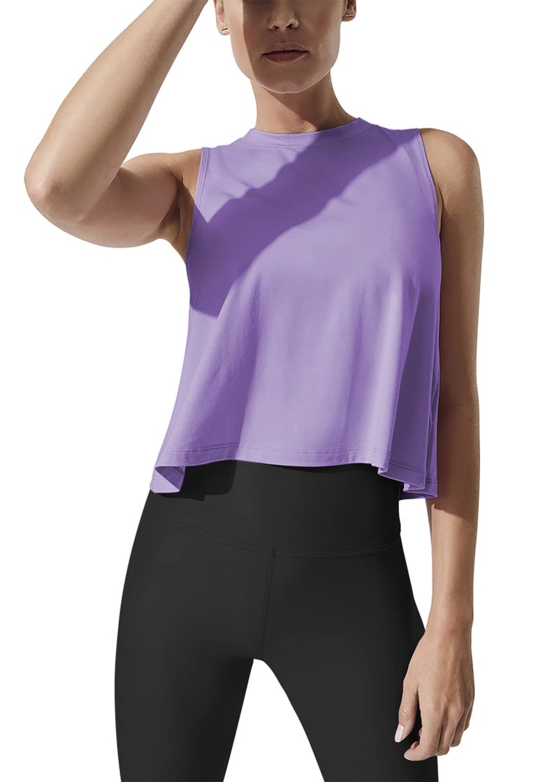 Mippo Cropped Workout Tops for Women Workout Shirts Sleeveless Tank Flowy Loose Crop High Neck Tank Tops Purple M - Image 1